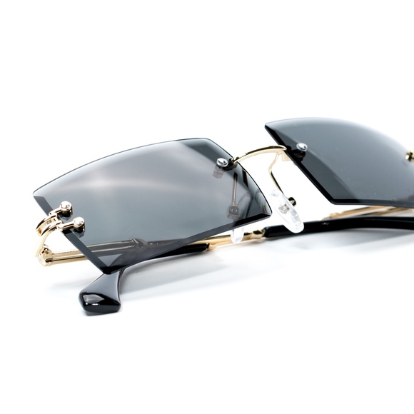 Rimless Gold Black Rectangular Mens Sunglasses - Picture 2 of 4